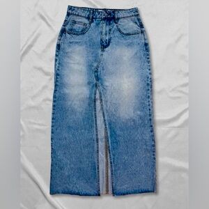 Parke Vintage Distressed Denim Blue Jean Maxi Skirt